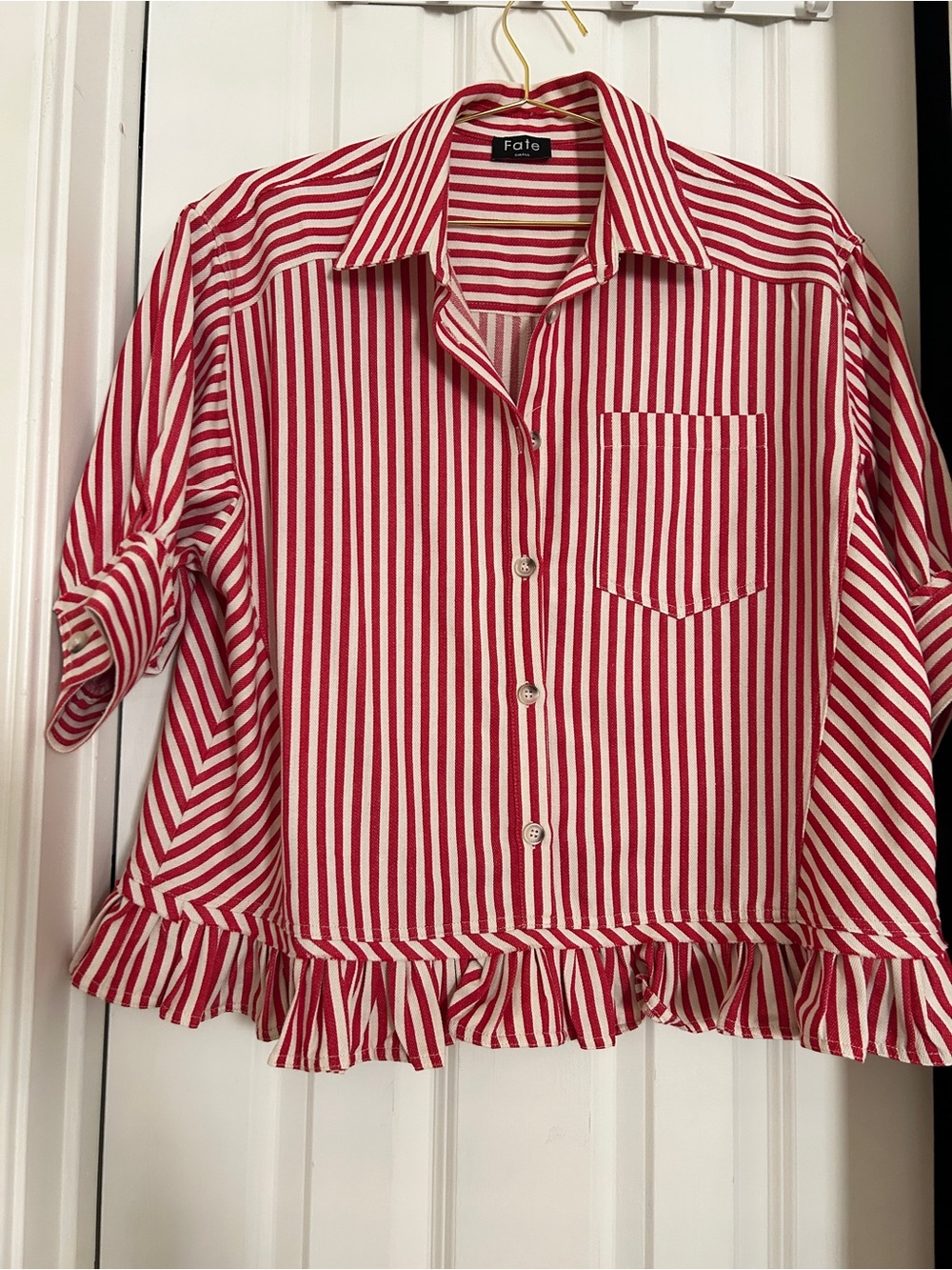 Fate Red and White Striped Ruffle Hem Shirt